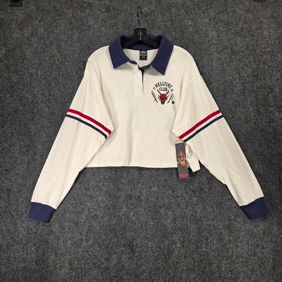Stranger Things Hellfire Club Cropped Polo Shirt Womens L w/ Patches‎ Netflix - Picture 2 of 8